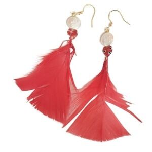 Glass Hearts Freshwater Pearl Red Feather Earrings